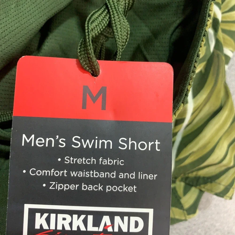 NWT Kirkland Signature Tropical Palm Swim Shorts Men's M Green Stretch Fabric